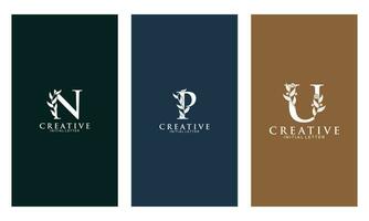 Set of Botanical Minimalistic Initial Letter N, P, U Logo Vector Template