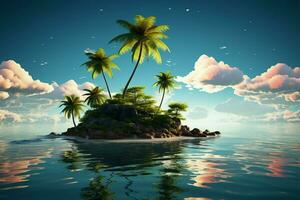 A minuscule island hosts drifting palm trees on tranquil waters AI Generated photo