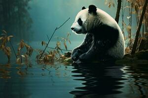 niebla besado bosque, panda se sienta cerca estanque un tranquilo ilustrado ajuste ai generado foto