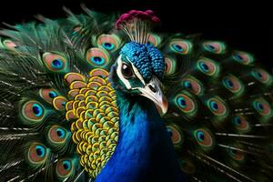 A male peacocks resplendent tail feathers and graceful exhibitions enthrall AI Generated photo