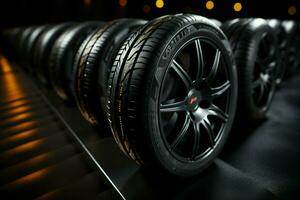 Summer car tires featured in studio, striking contrast light, shallow depth AI Generated photo