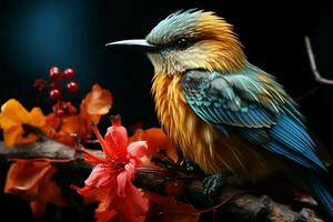 A burst of color as a bird rests gracefully on a branch AI Generated photo