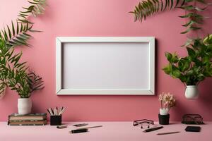 Desk essentials frame a white border on a lively pink surface AI Generated photo