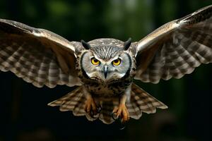 Majestic owl soars with outstretched wings in a captivating close up AI Generated photo