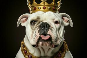 A regally crowned white English bulldog pup exudes adorable charm AI Generated photo