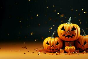 Festive Halloween background with gift box, pumpkin, balloon, and copy space AI Generated photo