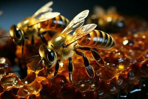 Honeycomb intricacies showcased as working bees meticulously create, a testament to collaboration AI Generated photo