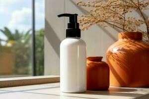 A counter hosts a lotion bottle, a hint of self care AI Generated photo