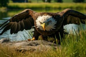 águila capturado en un cerca arriba durante un soleado día en el campo ai generado foto
