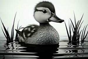 Minimalist depiction of a duck in serene black and white waters AI Generated photo