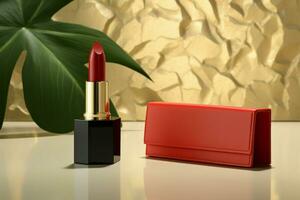 Lipstick in bold red, paired with a box on the table AI Generated photo