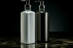 Timeless black and white photo captures bottle and soap dispenser AI Generated