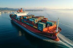 Global logistic trade portrayed by aerial container ship view on international open sea AI Generated photo