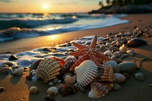 Sun soaked shoreline, two starfish adorn beach as sunsets hues paint the horizon AI Generated photo