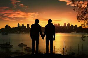 costero amar, silueta gay pareja, manos unido, exuda felicidad por ciudad ai generado foto