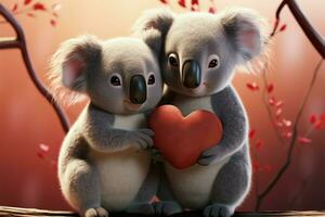 Love radiates from 3D rendered koala couple, hearts symbolize their bond AI Generated photo