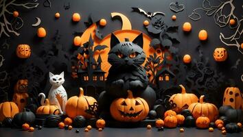 Enchanting Halloween Extravaganza, Pumpkin, Ghost, Black Cat, and Candy in Mesmerizing Paper Art Style. AI Generated photo