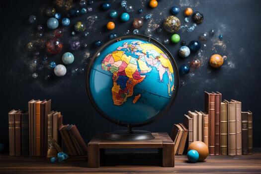 Vibrant composition, globe surrounded by an array of colorful books AI Generated photo