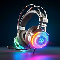 vistoso juego de azar brillante auriculares y hermosa neón luces auriculares foto