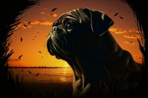 Digital art, pug dog silhouette gracing a sunset kissed horizon AI Generated photo