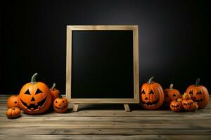 Blackboard stand, Halloween pumpkins, on a wooden floor against black AI Generated photo