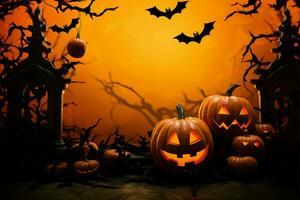 Halloween backdrop featuring a 3D rendered product podium for showcasing items AI Generated photo
