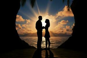 Romantic couple silhouette against a palm tree sunset backdrop AI Generated photo