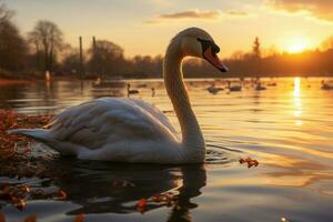 A stunning seascape Swan graces a lake during the sunset AI Generated photo