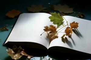 Natures touch on an open book, leaves captured in pages AI Generated photo