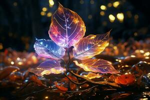 Luminous nature, Leaves encircled by neon lights form an electrifying and captivating backdrop AI Generated photo