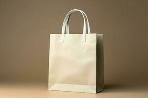 Neutral canvas white paper bag with handle on beige background AI Generated photo