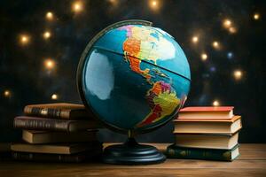 Colorful composition of books and a globe, representing knowledge and exploration AI Generated photo