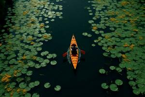 Aerial view Kayaker paddles through lotus covered lake in Rayong garden AI Generated photo