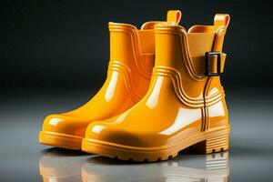 Sunny resilience, Set of yellow rain boots displayed against a crisp white background AI Generated photo
