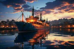 Vibrant twilight at contemporary port, bustling logistics form captivating background AI Generated photo