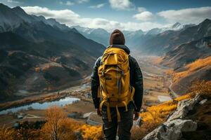 un viajero con un amarillo mochila explora maravilloso montaña vistas ai generado foto