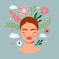 Happy woman feel confident, relax, accept and love herself. Healthy mentality and self care illustration. Vector illustration.