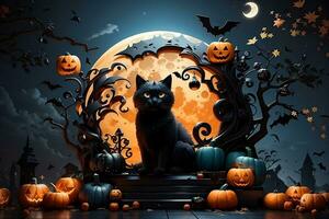 Spectacular 3D Halloween Extravaganza, Pumpkin, Ghosts, Moon, Black Cat, and Candy Abstract Spectacle. AI Generated photo