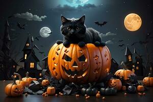 Spectacular 3D Halloween Extravaganza, Pumpkin, Ghosts, Moon, Black Cat, and Candy Abstract Spectacle. AI Generated photo
