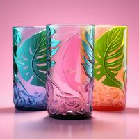 Three fusion tumblers pop light green and sky blue with plants on the outside background photo