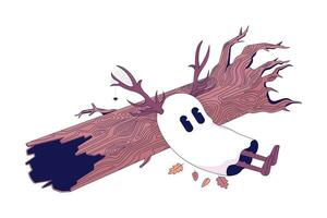 Depressed cute ghost lying on tree trunk line cartoon flat illustration. Melancholy sad spirit with elk antlers 2D lineart character isolated on white background. Autumnal scene vector color image