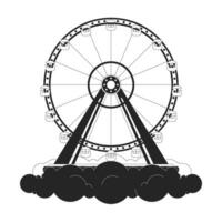 Ferris wheel above clouds black and white 2D illustration concept. Park amusement cloudscape cartoon outline object isolated on white. Funfair ride on heaven sky metaphor monochrome vector art