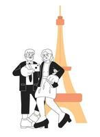 retirado Pareja viaje negro y blanco dibujos animados plano ilustración. jubilado tomando selfie lineal 2d caracteres aislado. vacaciones anciano. mayor los ciudadanos eiffel torre monocromo escena vector imagen