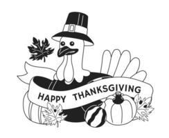 Fall thanksgiving pilgrim turkey black and white 2D illustration concept. Countryside bird isolated cartoon outline character. American harvest festival celebration metaphor monochrome vector art