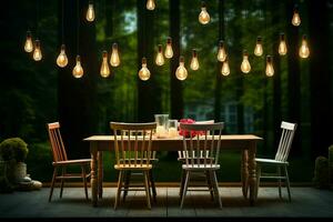 a table with chairs and lights hanging from it AI Generated photo