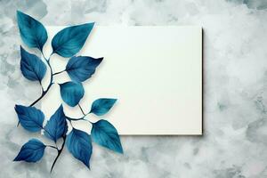 Watercolor elegance blue leaves, white paper, concrete backdrop, an artistic fusion AI Generated photo