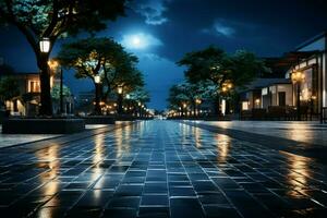 Brick path under moonlight, leading to modern building, a tranquil nocturnal panorama AI Generated photo