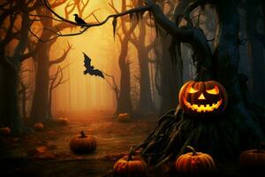 Dark, spooky forest with 3D Halloween pumpkins illuminated in orange AI Generated photo