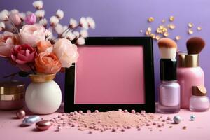 Pink space with various cosmetics, ready for custom text insertion AI Generated photo