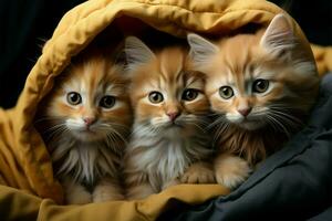 Cute kittens snuggle in blanket fort, forming a delightful cuddly cluster AI Generated photo